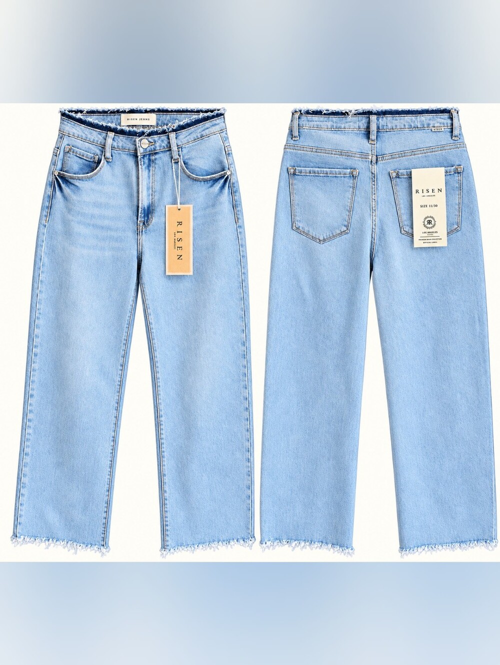 Risen Jeans High Waist Wide Leg Frayed Hem Jeans light wash (Style No: RDP5034)